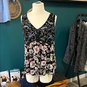 Angie Black Floral Tank Top with Pink and Green Accents small
